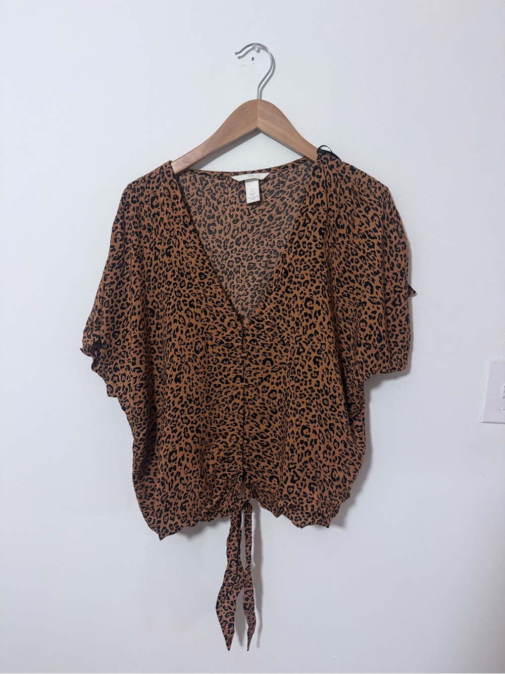 H&M Brown Leopard Print V-Neck Tie-Front Blouse
